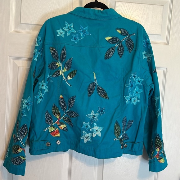Chico’s Design Teal Appliquéd Unlined Jacket Size 3 (16)Silver Buttons - Picture 4 of 12